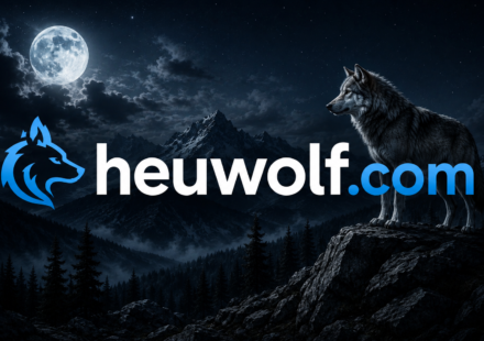 Heuwolf website logo with wolf in a moonlit mountain landscape