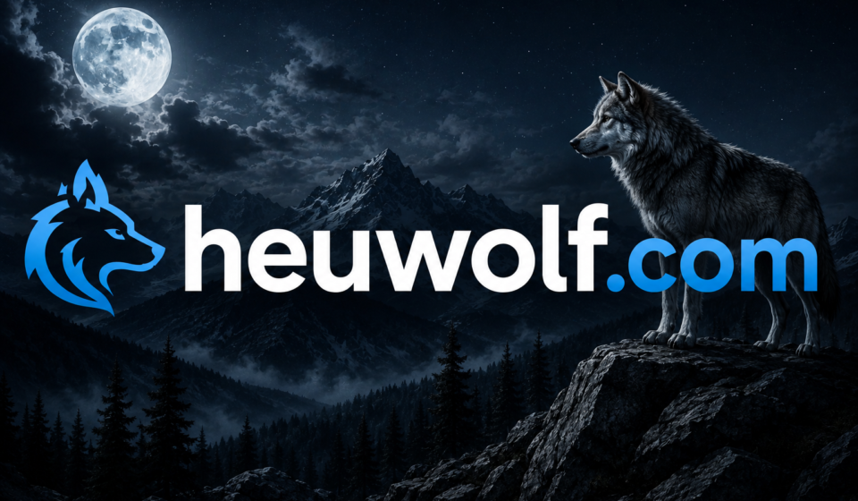 Heuwolf website logo with wolf in a moonlit mountain landscape