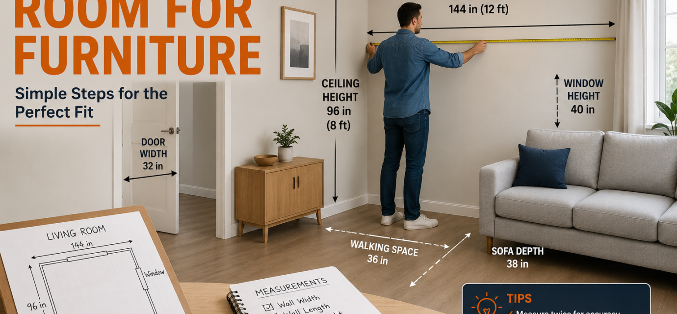 Person measuring room dimensions with a tape measure before choosing furniture.