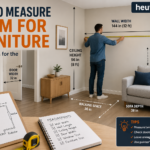 Person measuring room dimensions with a tape measure before choosing furniture.