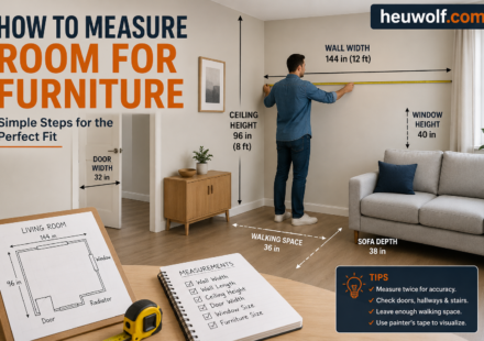 Person measuring room dimensions with a tape measure before choosing furniture.
