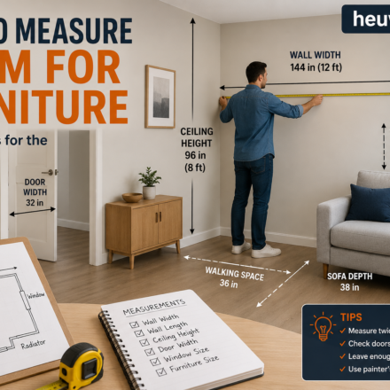Person measuring room dimensions with a tape measure before choosing furniture.