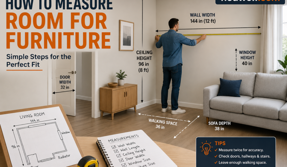 Person measuring room dimensions with a tape measure before choosing furniture.